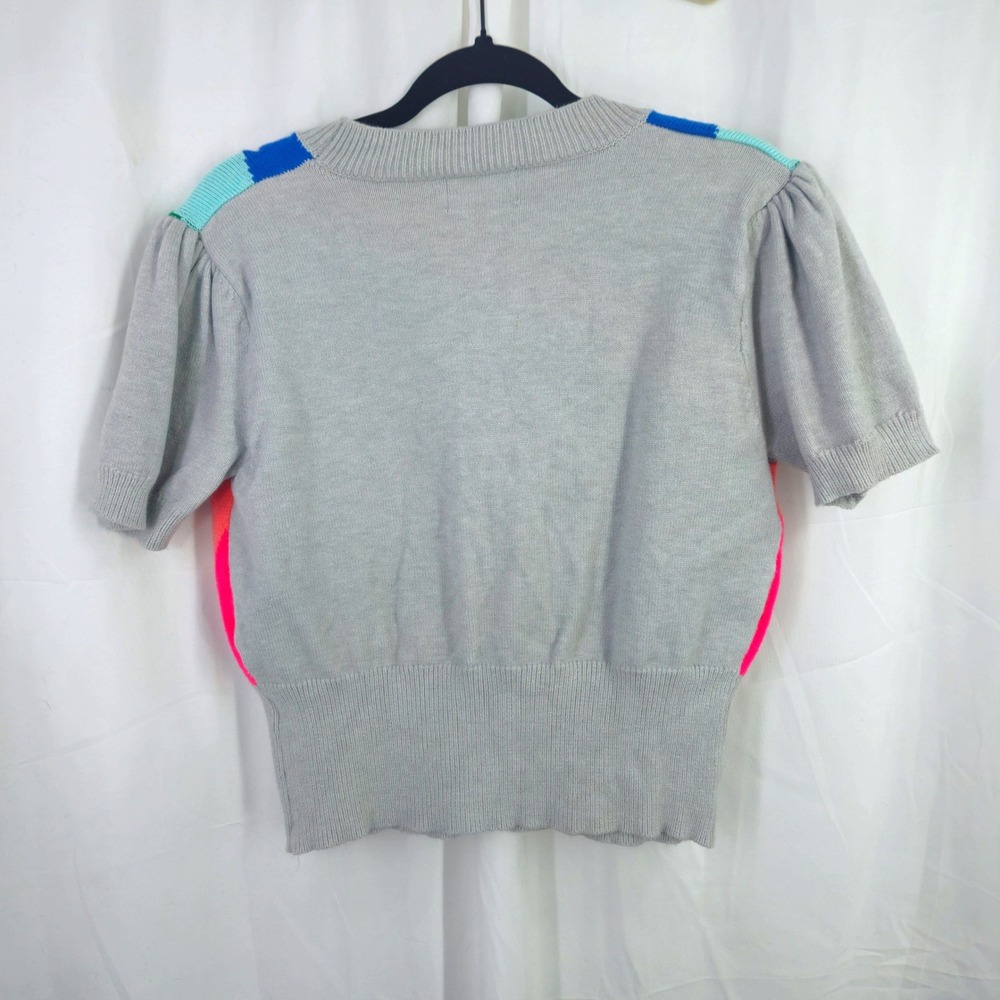 OXKNITSTORE Retro Rainbow Stripe Short Sleeve Soft Cardigan Grey V-Neck Button - Picture 3 of 8